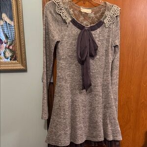 Gray Long Sleeve Knit Dress with Lace Detail